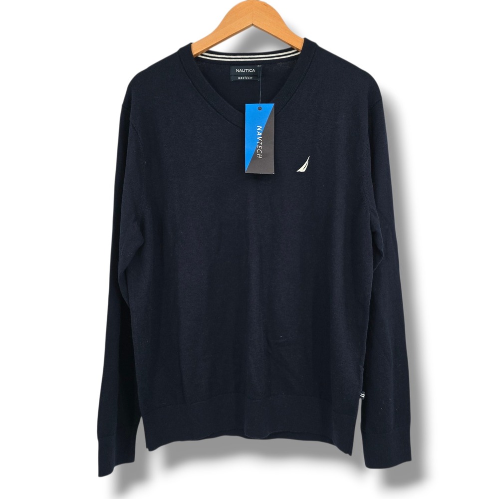 Nautica Navtech Mens Navy Blue V-Neck Sweater Long Sleeve Pullover‎ S81010 NWT L